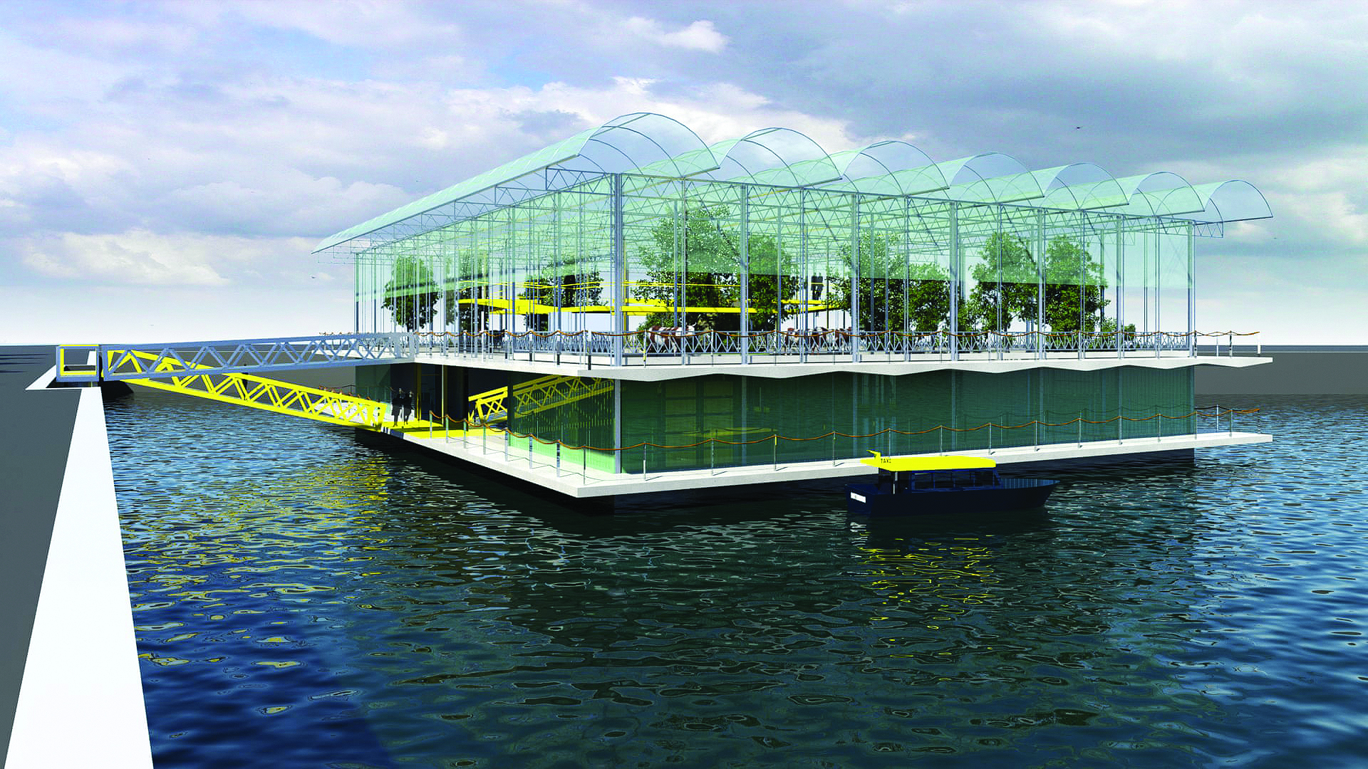 An illustration of a floating dairy farm due to open in Rotterdam.