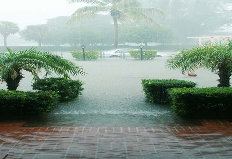 "Heavy rains and stormy weather in Miami, Florida floods a residential lawn and porch"
