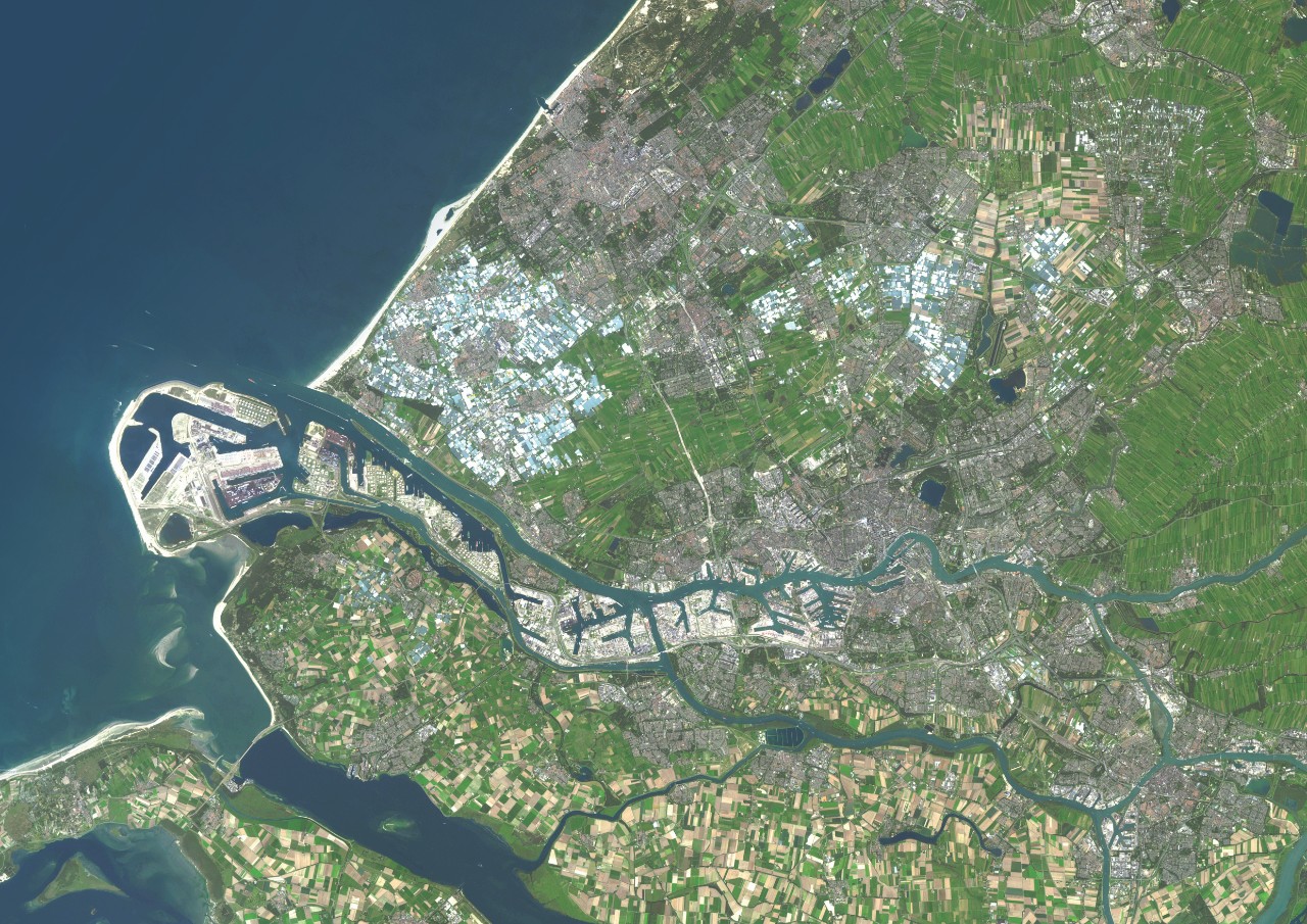 A satellite view of Rotterdam shows how low-lying land is prone to flooding.