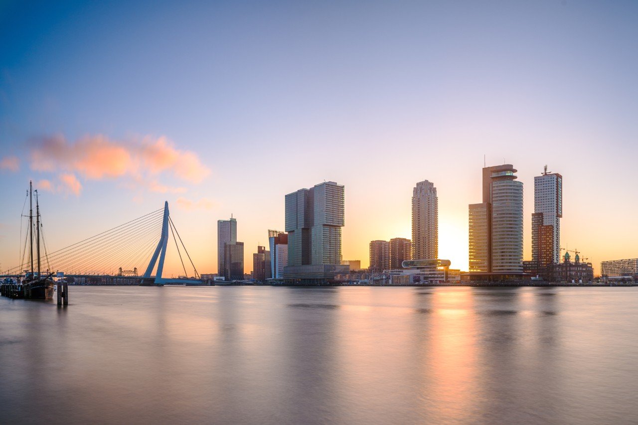 Rotterdam, Netherlands, city skyline at twilight.